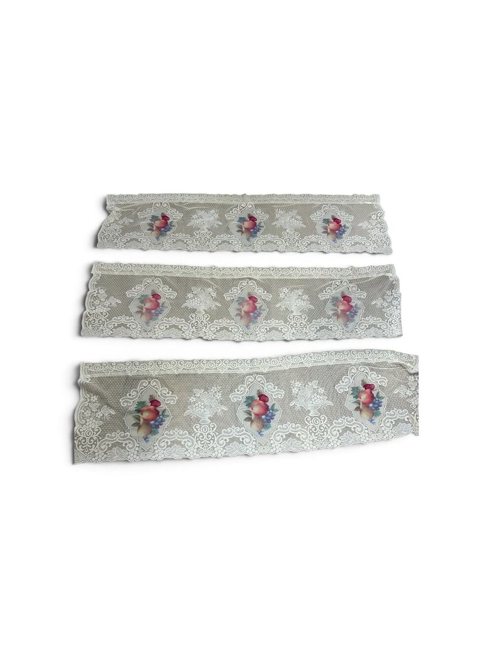 Set of 3 Vintage Lace Fruit Valances 59” White Cottage Kitchen Curtains